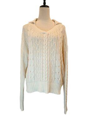 Toad&Co Bianca Cable Knit Sweater Cotton V-neck in Cream/Ivory SZ XL